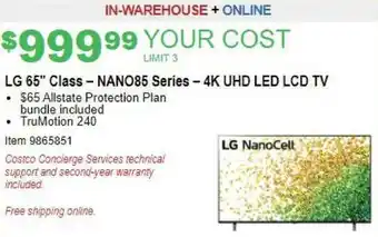 Costco LG 65" Class-NANO85 Series- 4k UHD LED LCD TV 9865851 offer