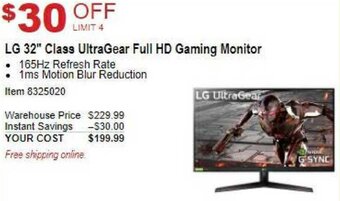 Costco LG 32" Class UltraGear Full HD Gaming Monitor offer