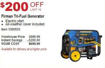 Costco Firman Tri-Fuel Generator offer