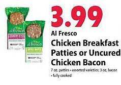Festival Foods Al fresco chicken breakfast patties or uncured chicken bacon offer