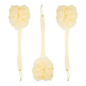Walmart 3 pack body back scrubber loofah bath sponges, exfoliating mesh pouf shower brush with long handles, peach, 15.2 x 4.5 x 4 in offer