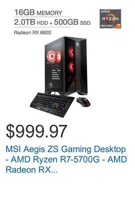 Costco Msi aegis zs gaming desktop - amd ryzen r7-5700g - amd radeon rx 6600 - windows 11 offer