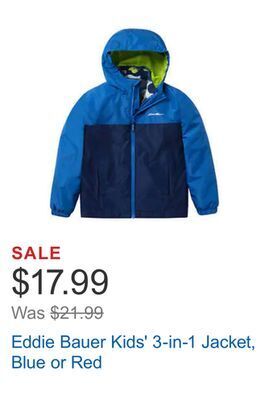 Costco Eddie bauer kids' 3-in-1 jacket, blue or red offer