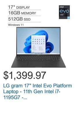 Costco Lg gram 17" intel evo platform laptop - 11th gen intel i7-1195g7 - 2560 x 1600 display - windows 11 offer