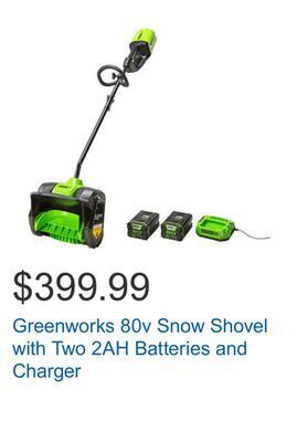 Costco Greenworks 80v snow shovel with two 2ah batteries and charger offer