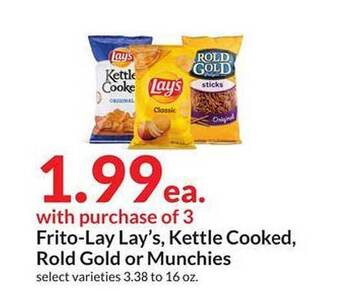 Hy-Vee Frito-lay lay's, kettle cooked, rold gold or munchies offer