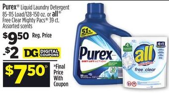 Dollar General Purex® liquid laundry detergent 85-115 load/128-150 oz. or all® free clear mighty pacs® 39 ct. offer