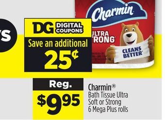 Dollar General Charmin® bath tissue ultra soft or strong 6 mega plus rolls offer