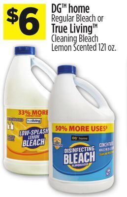 Dollar General Dg home regular bleach or true living cleaning bleach lemon scented offer