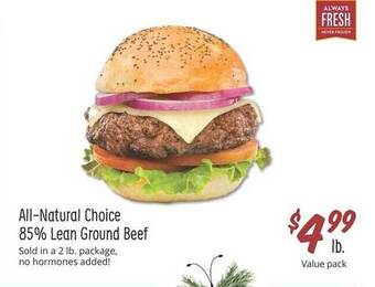 Sprouts Farmers Market All-natural choice 85% lean ground beef offer