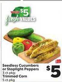 Weis Markets Seedless cucumbers or stoplight peppers, trimmed corn offer