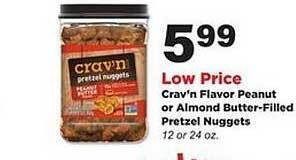 Stater Bros Crav'n flavor peanut or almond butter-filled pretzel nuggets offer