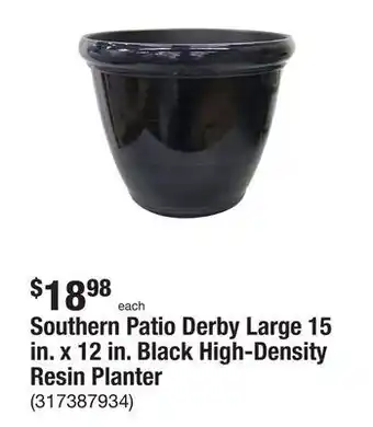 The Home Depot Southern patio derby large 15 in. x 12 in. black high-density resin planter offer