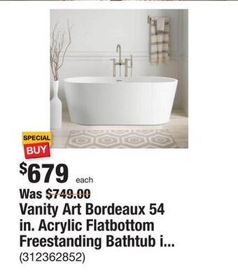 The Home Depot Vanity art bordeaux 54 in. acrylic flatbottom freestanding bathtub in white offer