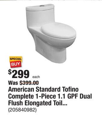 The Home Depot American standard tofino complete 1-piece 1.1 gpf dual flush elongated toilet in white with slow close seat offer