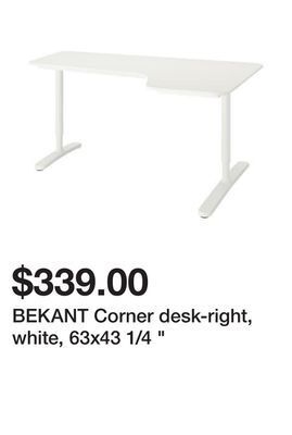 Ikea Bekant corner desk-right, white, 63x43 1/4 " offer