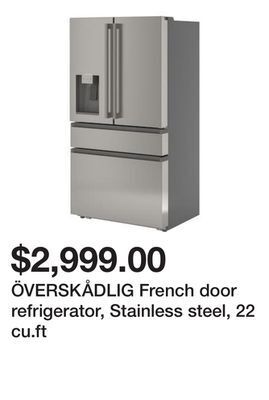 Ikea Överskådlig french door refrigerator, stainless steel, 22 cu.ft offer