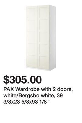 Ikea Pax wardrobe with 2 doors, white/bergsbo white, 39 3/8x23 5/8x93 1/8 " offer