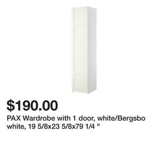 Ikea Pax wardrobe with 1 door, white/bergsbo white, 19 5/8x23 5/8x79 1/4 " offer