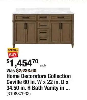 The Home Depot Home decorators collection caville 60 in. w x 22 in. d x 34.50 in. h bath vanity in almond latte with carrara marble top offer