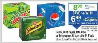 Pepsi, diet pepsi, mtn dew or schweppes ginger ale 24 pack