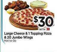 Tops Large cheese & 1 topping pizza & 20 jumbo wings offer