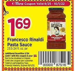 Tops Francesco rinaldi pasta sauce offer