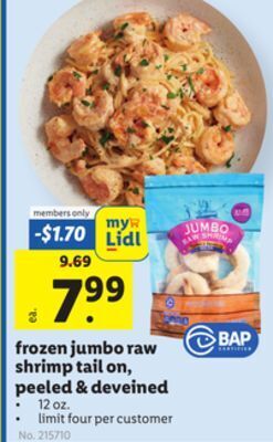 Lidl Frozen jumbo raw shrimp tail on, peeled & deveined offer