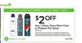 Publix 1 dove, dove men+care or degree dry spray offer