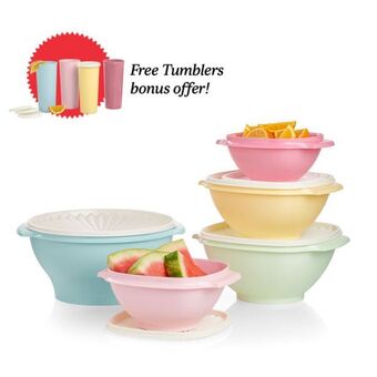 Tupperware Vintage servalier® 5-piece bowl set with free 16 oz. tumbler (set of 4) offer