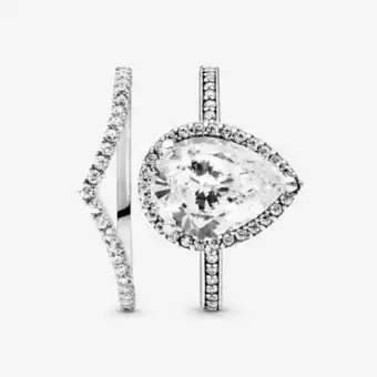 Pandora Teardrop halo and wishbone stacking ring set offer