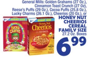 Bravo Supermarkets General mills honey nut cheerios cereal family size, 27.2 oz. boxes offer