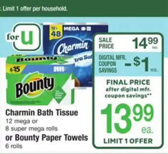 ACME Charmin bath tissue 12 mega or 8 super mega rolls or bounty paper towels 6 rolls offer