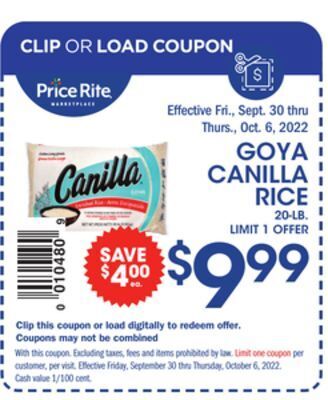 Price Rite Goya canilla rice offer