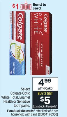 CVS Select colgate optic white, total, enamel health or sensitive toothpaste offer