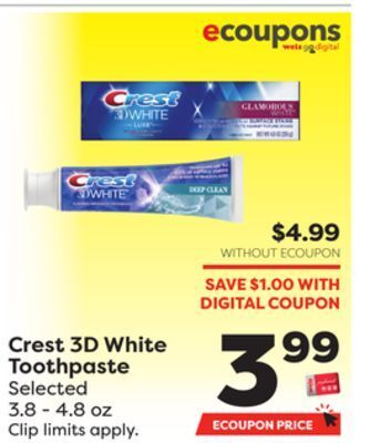 Weis Markets Crest 3d white toothpaste offer