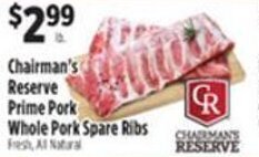 Pioneer Supermarkets Chairman's Reserve Prime Pork Whole Pork Spare Ribs offer