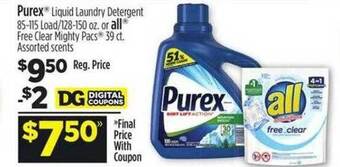 Dollar General Purex liquid laundry detergent or all free clear mighty pacs offer