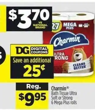 Dollar General Charmin bath tissue ultra soft or strong 6 mega plus rolls offer