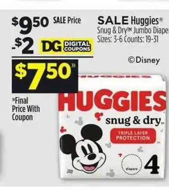 Dollar General Huggies snug & dry jumgo diapers offer