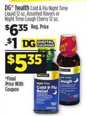 Dollar General Dg health cold & flu night time liquid assorted flavors or night time cough cherry offer