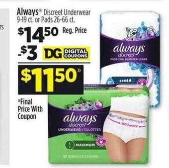 Dollar General Always discreet underwear offer