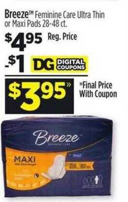 Dollar General Breeze feminine care ultra thin or maxi pads offer
