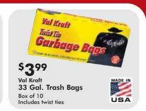 Valu Home Centers Val kraft 33 gal. trash bags offer