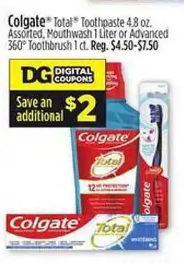Dollar General Colgate total toothpaste assorted mouthwash or advanced 360° toothbrush offer