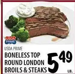 Usda prime boneless top round london broils & steaks