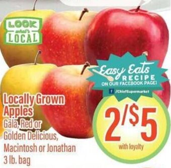Chief Supermarket Locally Grown Apples Gala, Red or Golden Delicious, Macintosh or Jonathan 3 lb. bag offer