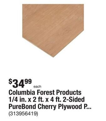 The Home Depot Columbia forest products 1/4 in. x 2 ft. x 4 ft. 2-sided purebond cherry plywood project panel offer