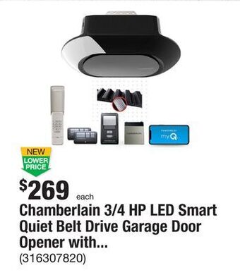 The Home Depot Chamberlain 3/4 hp led smart quiet belt drive garage door opener with battery backup offer