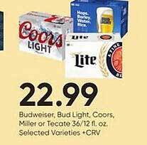 Stater Bros Budweiser, bud light, coors, miller or tecate offer